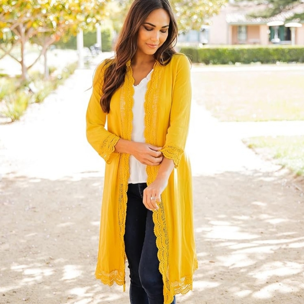 Cardigan Crochet Boho Western Style Tickled Teal Spring Women Yellow Small💛